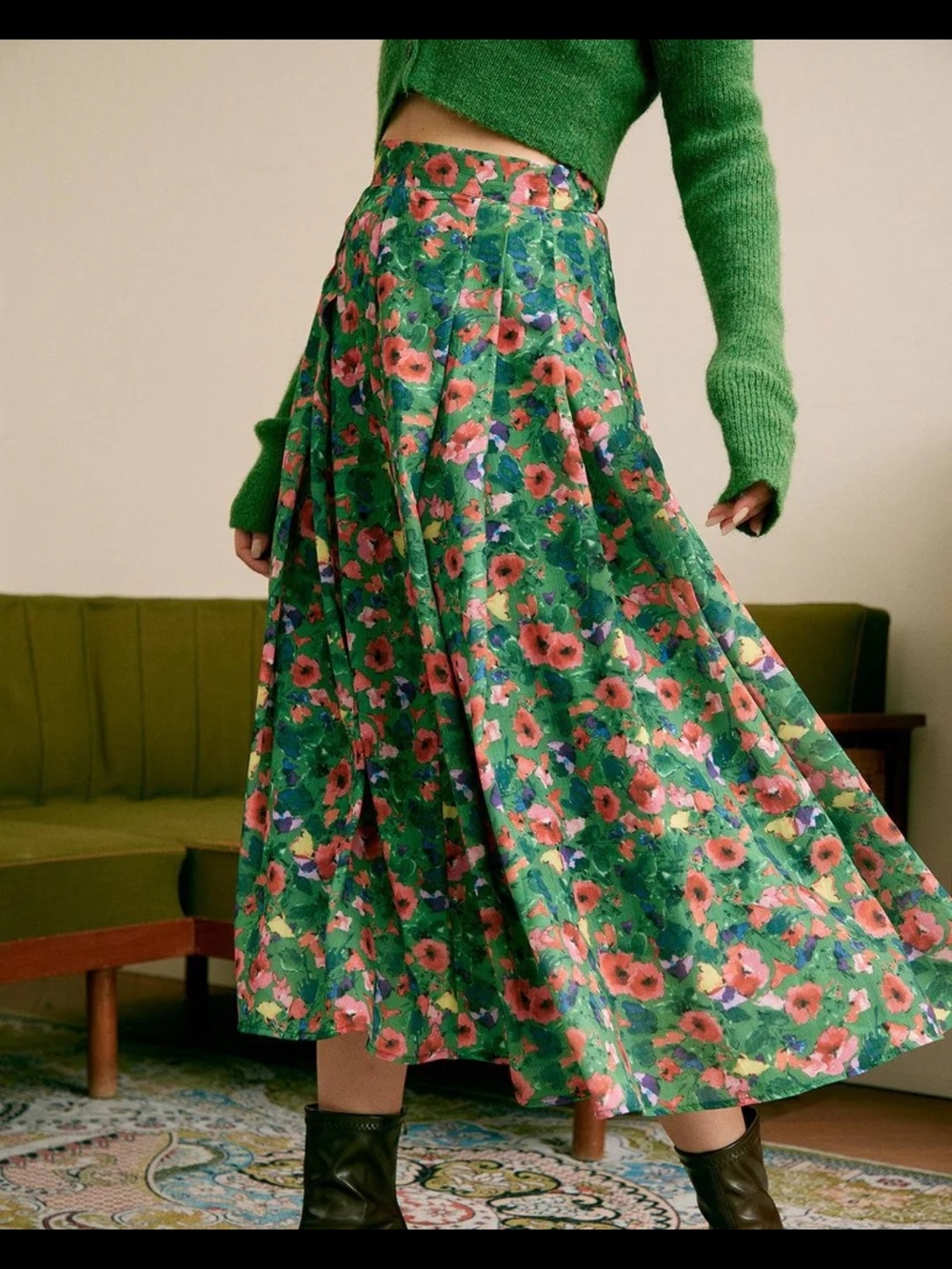 RIHOAS Green Floral Circle Skirt